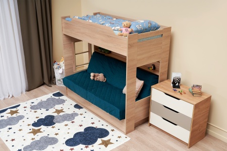 Двухъярусная кровать с диван-кроватью велюр синий / дуб сонома